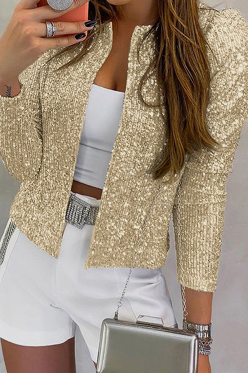 Cyflymder - Champagne Fashion Solid Sequins Patchwork O Neck Outerwear