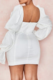 Cyflymder - White Casual Solid Frenulum Square Collar Long Sleeve Dresses