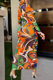 Cyflymder - Orange Sexy Print Patchwork Buckle Turndown Collar One Step Skirt Dresses