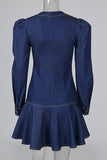 Cyflymder - Blue Casual Solid Patchwork V Neck Long Sleeve Dresses