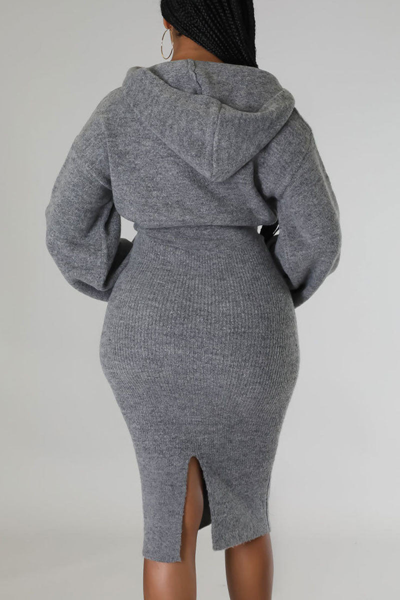 Cyflymder - Grey Sexy Solid Patchwork Hooded Collar One Step Skirt Dresses
