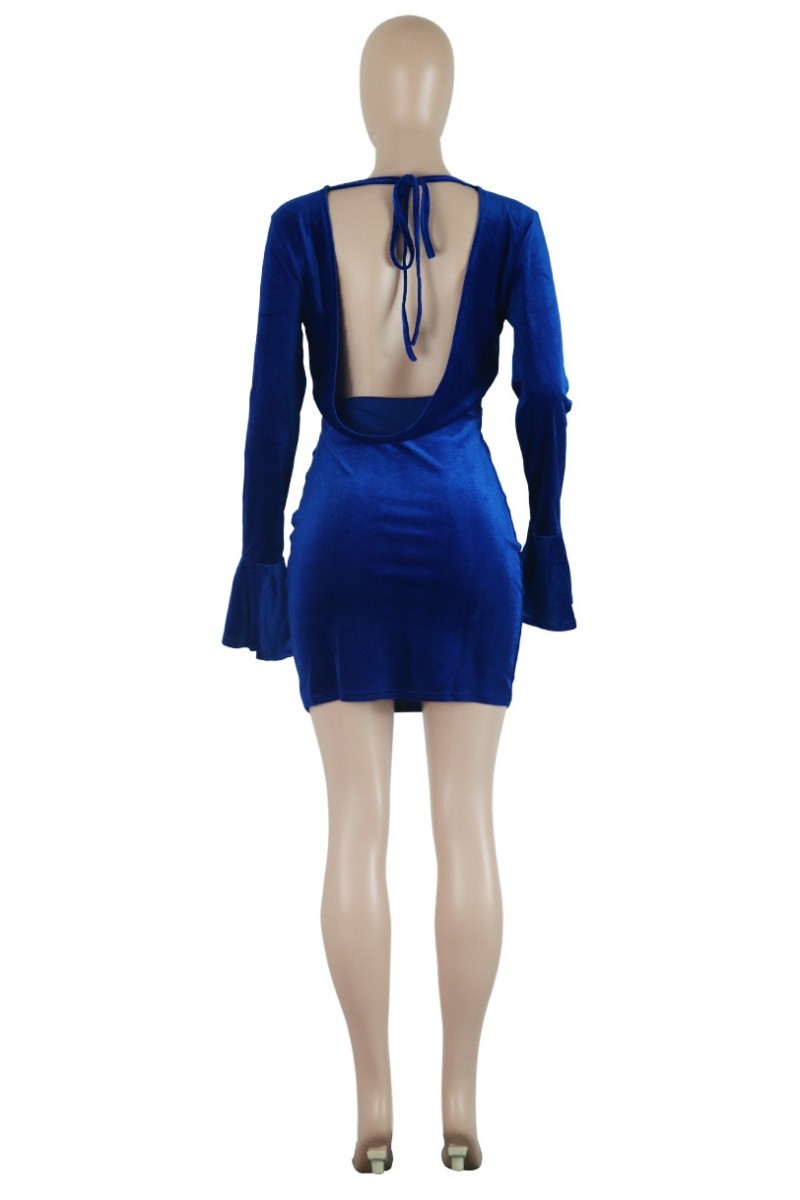 Cyflymder - Blue Casual Solid Frenulum Backless V Neck Long Sleeve Dresses