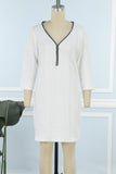 Cyflymder - White Casual Solid Patchwork Zipper Collar Long Sleeve Dresses