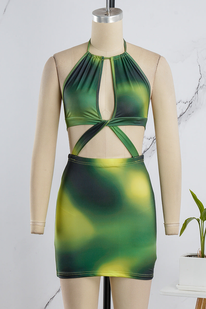 Cyflymder - Green Sexy Print Bandage Hollowed Out Backless O Neck Sleeveless Dress Dresses