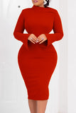 Cyflymder - Red Casual Solid Basic Oblique Collar Long Sleeve Dresses