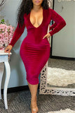 Cyflymder - Red Fashion Sexy Solid Patchwork V Neck Long Sleeve Dresses