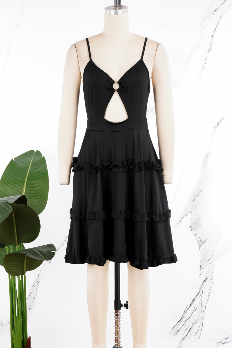 Cyflymder - Black Sexy Sweet Daily Party Backless Solid Color Stringy Selvedge Spaghetti Strap Mini Dress Dresses
