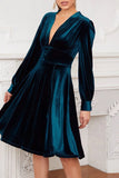 Cyflymder - Navy Blue Casual Solid Patchwork V Neck Long Sleeve Dresses