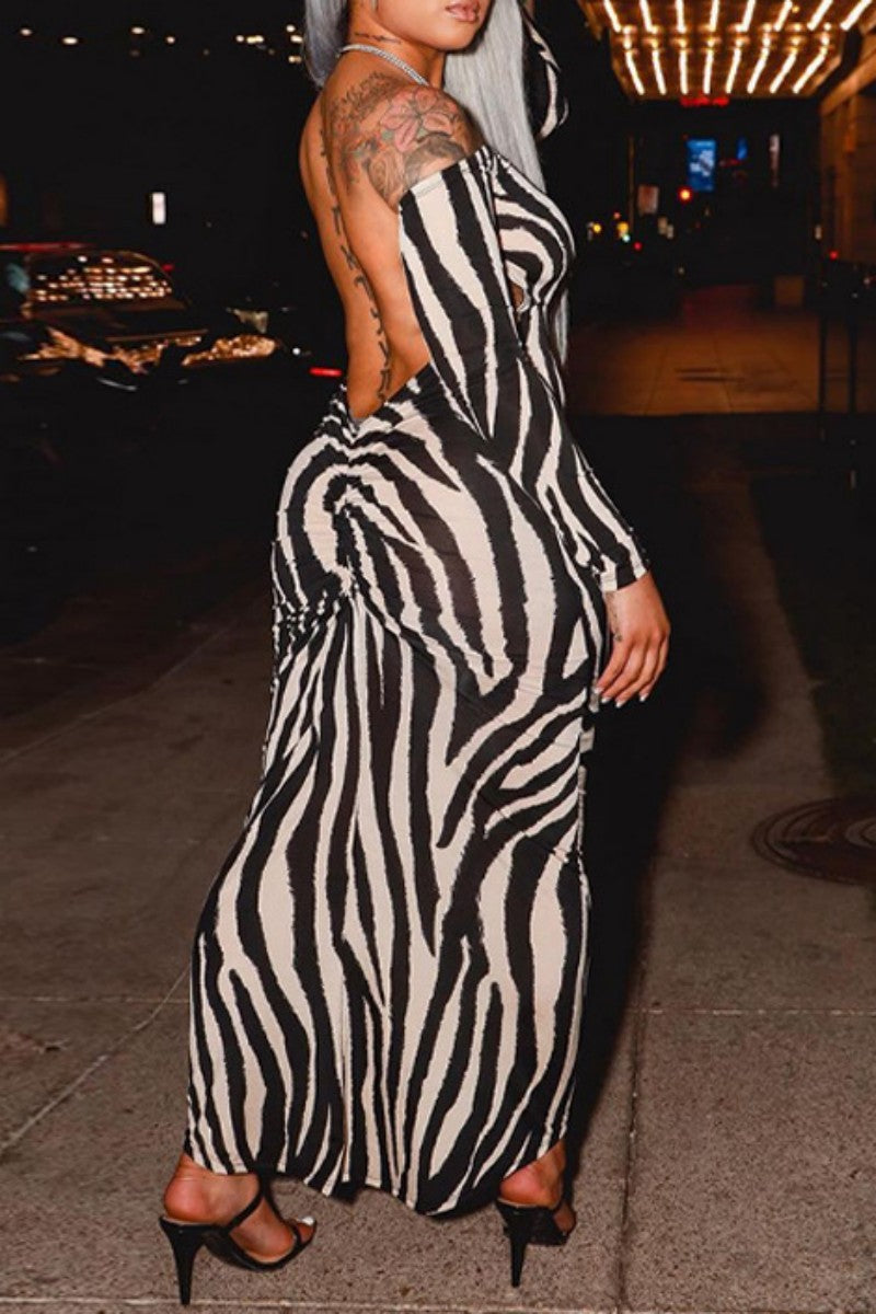 Cyflymder - Zebra Casual Print Backless Off the Shoulder One Step Skirt Dresses