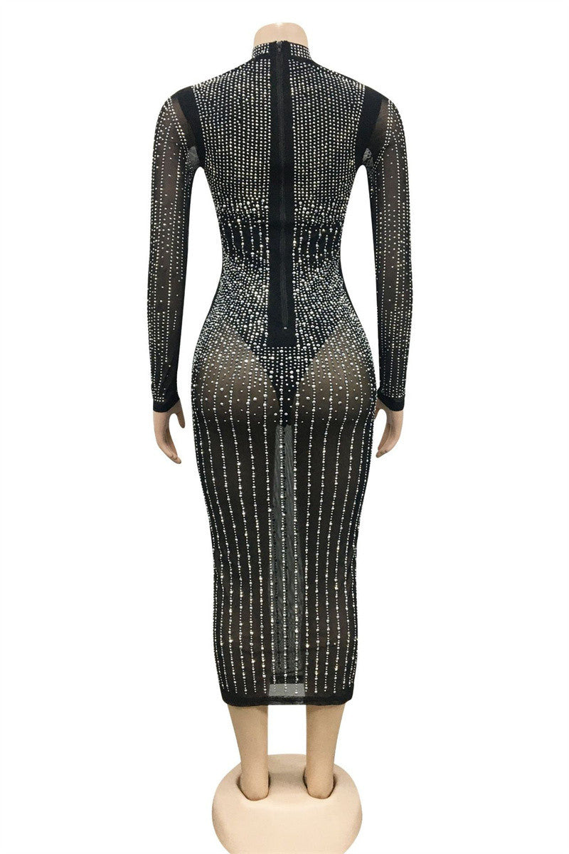 Cyflymder - Black Fashion Sexy Patchwork Hot Drilling Hollowed Out See-through Half A Turtleneck Long Sleeve Dresses