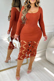 Cyflymder - Khaki Casual Daily Elegant Hollowed Out Solid Color U Neck Dresses