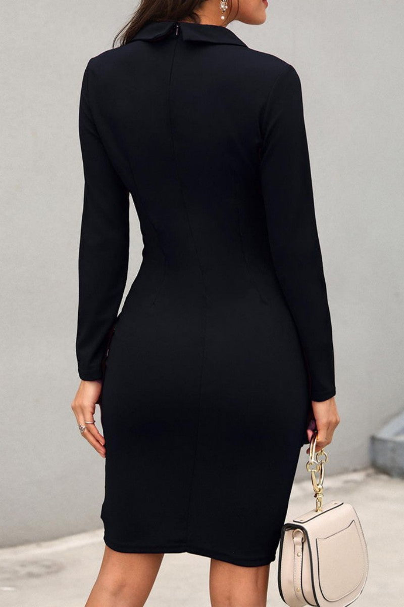 Cyflymder - Black Casual Solid Patchwork V Neck Long Sleeve Dresses