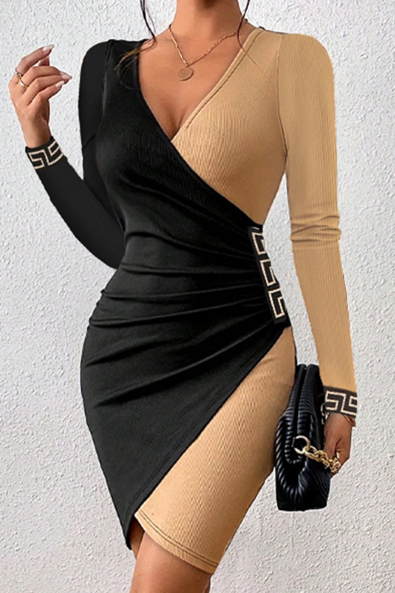 Cyflymder - Black khaki Casual Print Solid Patchwork V Neck Long Sleeve Dresses