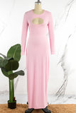 Cyflymder - Pink Casual Hollowed Out O Neck Long Sleeve Dresses