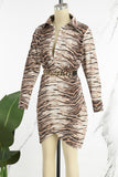 Cyflymder - Coffee Casual Print Patchwork With Belt Turndown Collar Long Sleeve Dresses