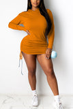 Cyflymder - Orange Sexy Solid Patchwork Fold Hooded Collar Long Sleeve Mini Pencil Skirt Dresses
