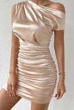 Cyflymder - Pink Sexy Party Solid Fold Oblique Collar Short Sleeve Dress Dresses