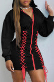 Cyflymder - Black Fashion Casual Solid Bandage Patchwork Hooded Collar Long Sleeve Dresses