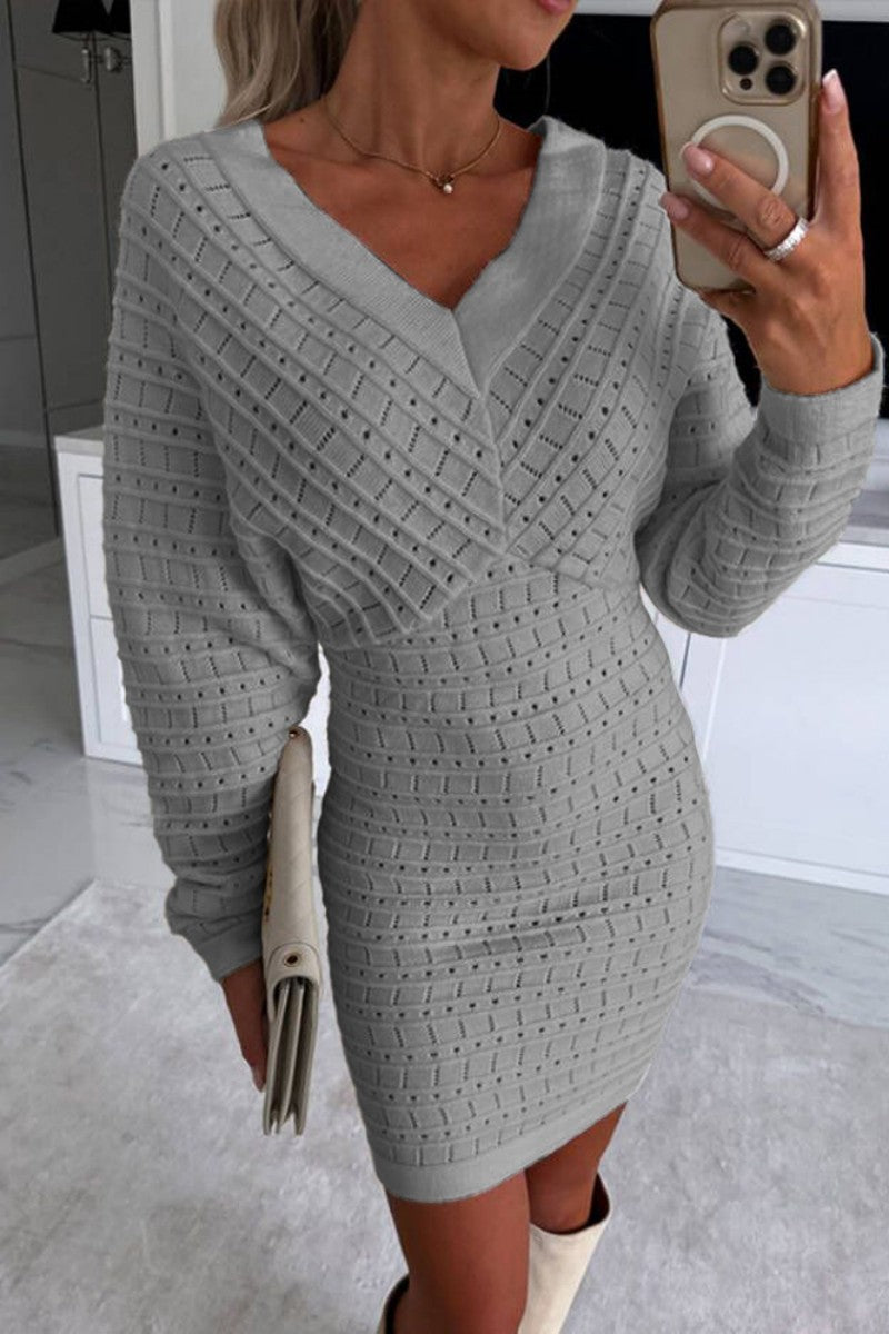 Cyflymder - Grey Casual Solid Basic V Neck Long Sleeve Dresses