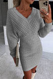 Cyflymder - Grey Casual Solid Basic V Neck Long Sleeve Dresses