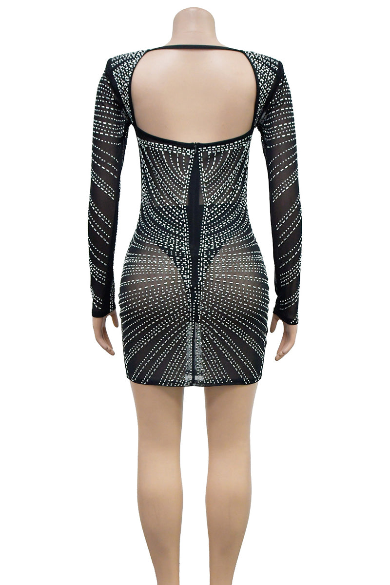 Cyflymder - Black Sexy Elegant Solid Patchwork Backless Mesh Hot Drill Asymmetrical Collar One Step Skirt Dresses
