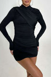 Cyflymder - Black Casual Solid Fold Half A Turtleneck Long Sleeve Dresses