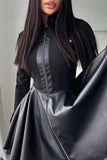 Cyflymder - Black Casual Solid Patchwork Mandarin Collar Long Sleeve Dresses