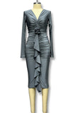 Cyflymder - Dark Gray Sexy Solid Patchwork Fold V Neck Pencil Skirt Dresses
