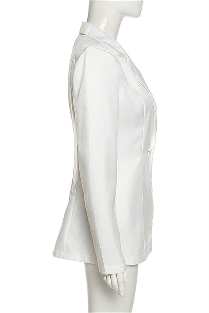 Cyflymder - White Fashion Casual Solid Cardigan Turndown Collar Outerwear