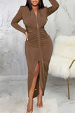 Cyflymder - Brown Sexy Solid Patchwork Asymmetrical V Neck One Step Skirt Dresses