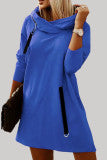 Cyflymder - Blue Casual Solid Patchwork Hooded Collar Long Sleeve Dresses