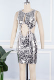 Cyflymder - Silver Sexy Solid Hollowed Out Patchwork Strap Design Reflective O Neck One Step Skirt Dresses