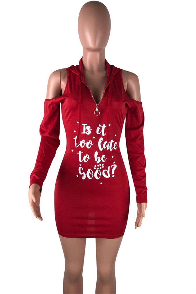 Cyflymder - Red Fashion Casual Letter Print Hollowed Out Hooded Collar Long Sleeve Dresses