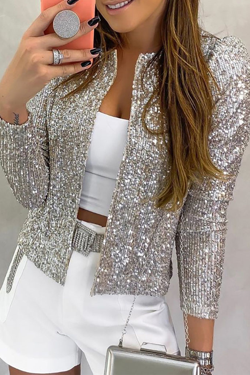 Cyflymder - Champagne Fashion Solid Sequins Patchwork O Neck Outerwear