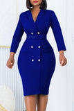 Cyflymder - Deep Blue Casual Solid Patchwork With Belt Turndown Collar Long Sleeve Dresses