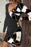 Cyflymder - Black khaki Casual Print Solid Patchwork V Neck Long Sleeve Dresses