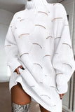 Cyflymder - White Casual Solid Hollowed Out Turtleneck Long Sleeve Dresses