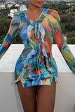 Cyflymder - Colour Casual Print Hollowed Out Frenulum V Neck Long Sleeve Dresses