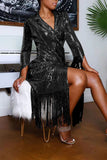 Cyflymder - Black Fashion Elegant Solid Tassel Sequins Patchwork Turn-back Collar Outerwear