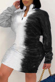 Cyflymder - Black Gray Fashion Sexy Plus Size Gradual Change Print Basic Turndown Collar Printed Dress