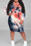 Cyflymder - Red Gray Casual Print Tie Dye Patchwork Hooded Collar Straight Plus Size Dresses