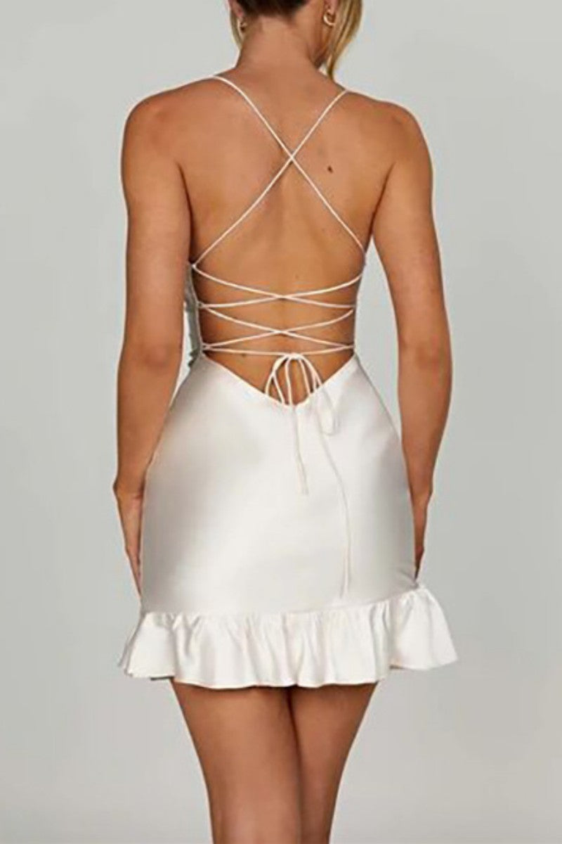 Cyflymder - Black Sexy Solid Backless Cross Straps Spaghetti Strap Sleeveless Dress Dresses