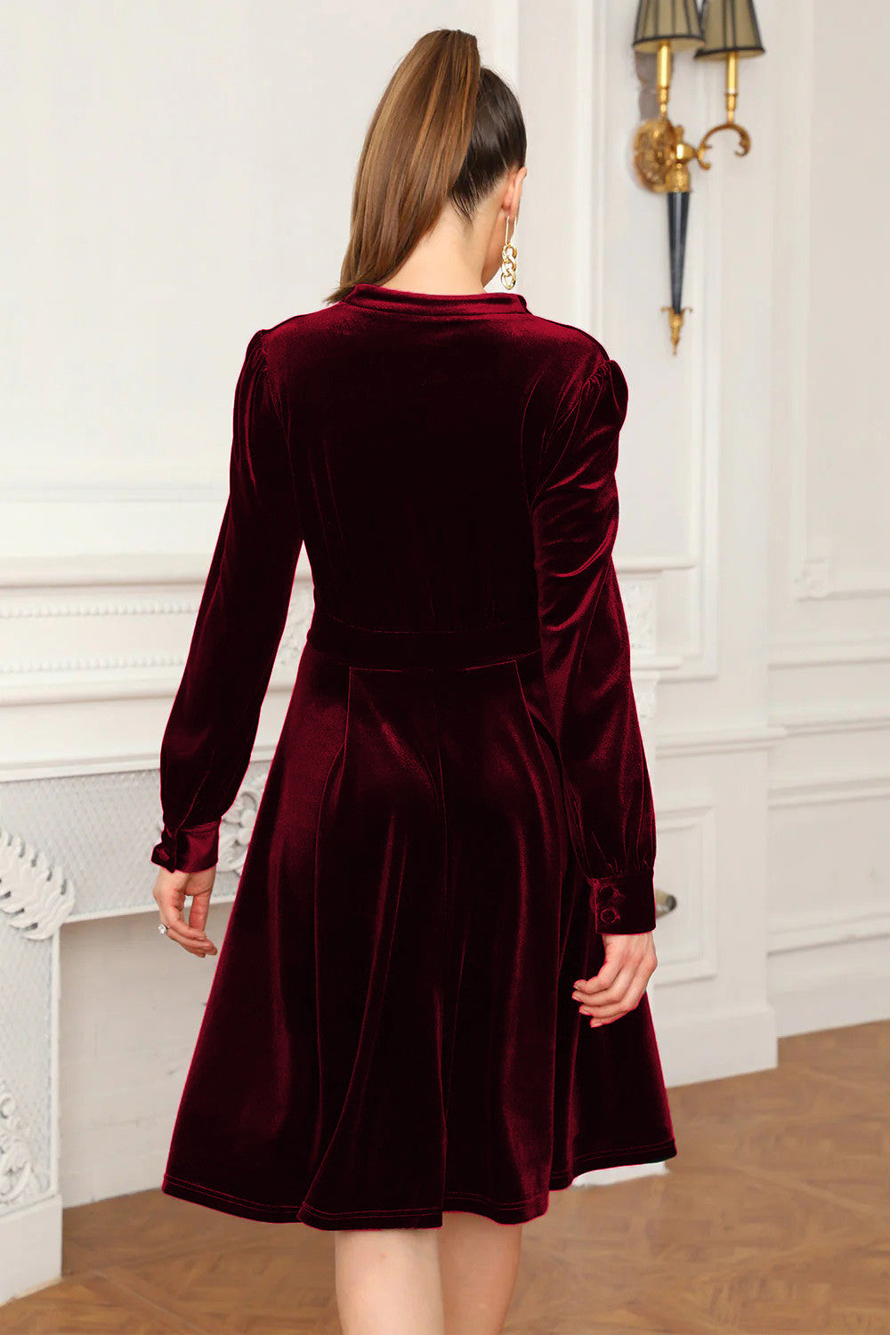 Cyflymder - Burgundy Casual Solid Patchwork V Neck Long Sleeve Dresses