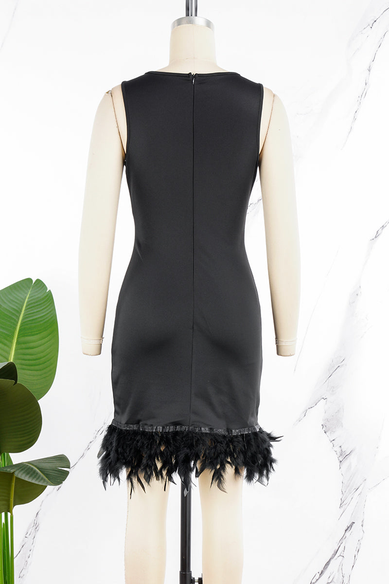 Cyflymder - Black Daily Party Elegant Simplicity Patchwork Feathers Solid Color O Neck Sleeveless Dress Dresses
