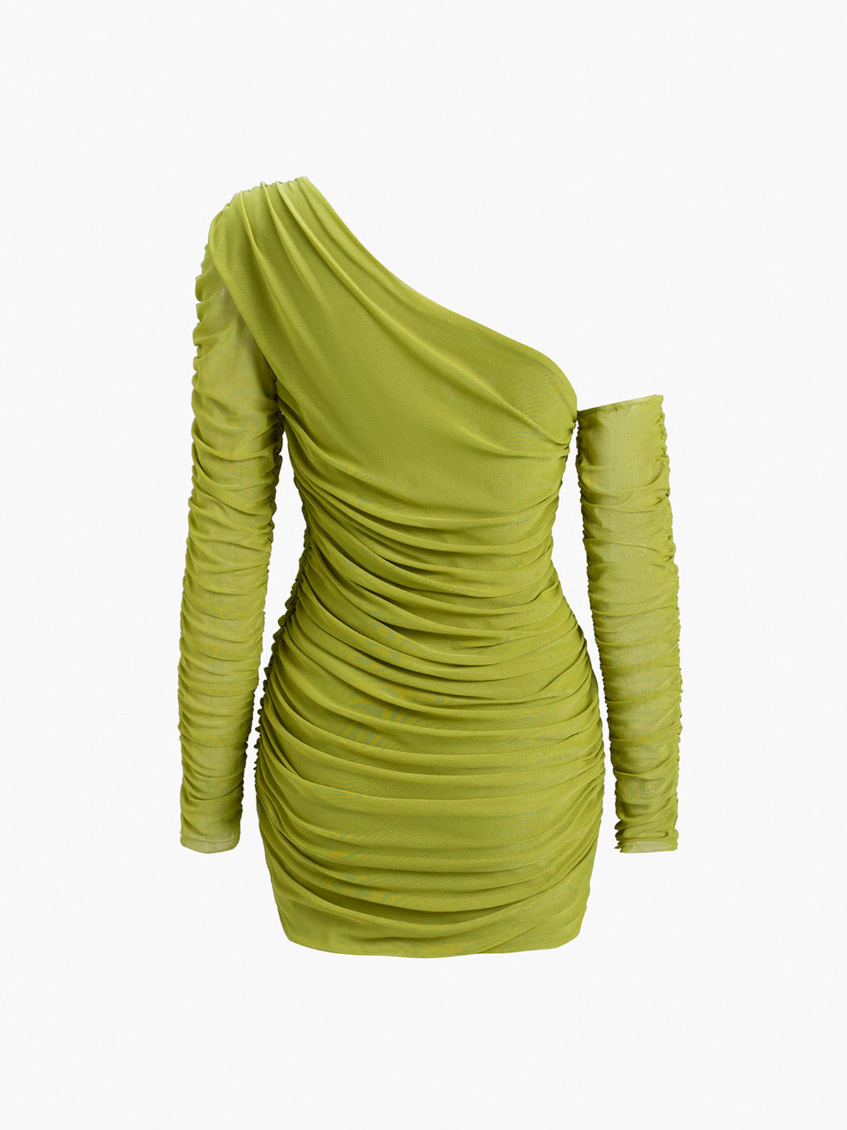 Cyflymder - Ruched One Shoulder Slinky Mesh Short Dress