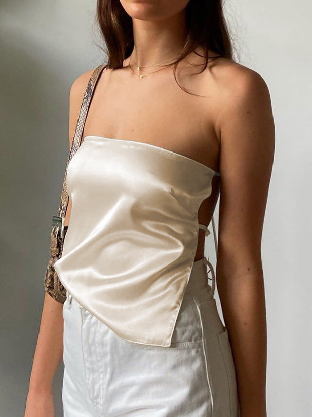 Cyflymder - Satin Tied Open Back Tube Scarf Top