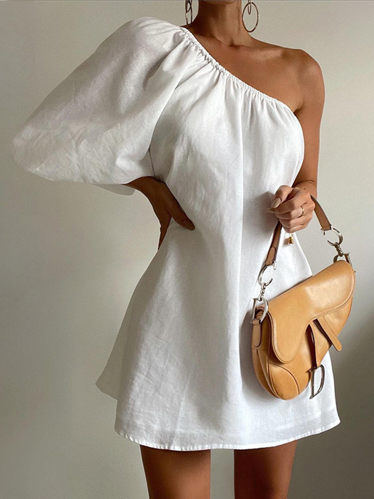 Cyflymder - Aegean Cotton Linen One Sleeve Short Dress