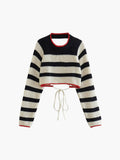 Cyflymder - Stripe Crochet Long Sleeve Open Back Crop Top
