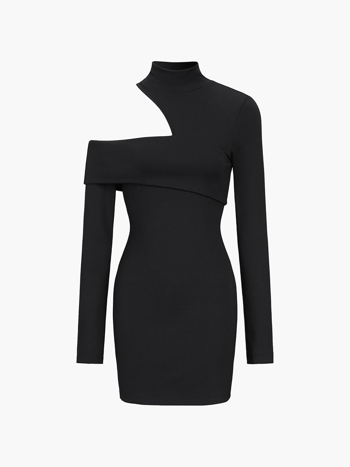 Cyflymder - Mockneck Oblique Cutout Rib Long Sleeve Short Dress