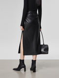 Cyflymder- Faux Leather Ruched Slit Midi Skirt